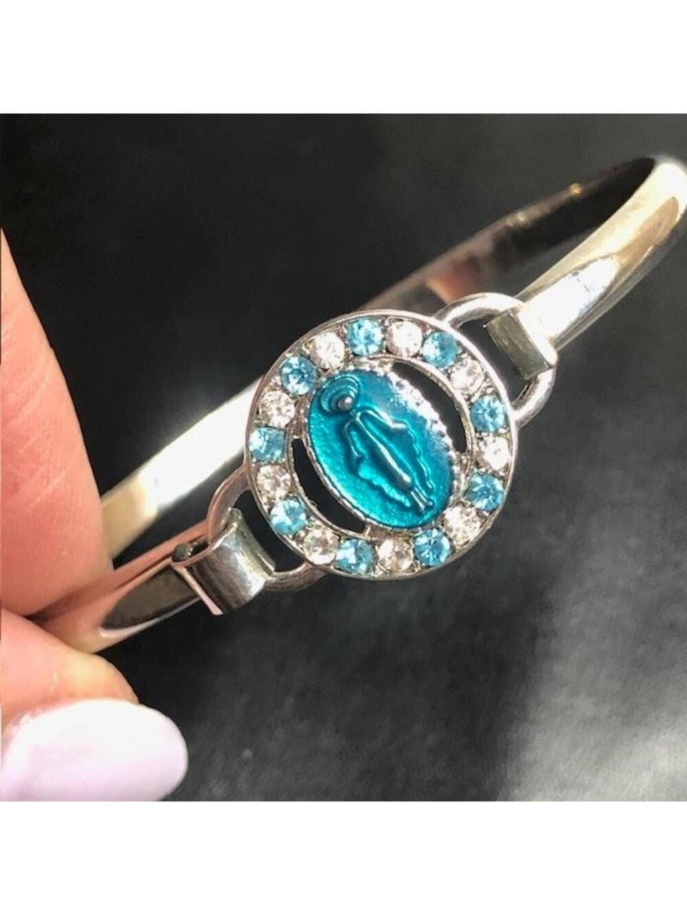B1301 Miraculous Medal Bangle Bracelet Virgin Mary Blue Enamel rhinestone 7.75"
